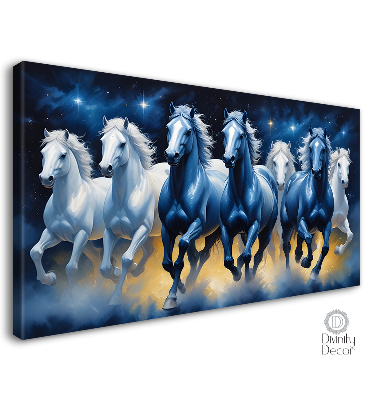 White and blue running horses in stars and blue textured background art Canvas Painting - Design - Horse-50