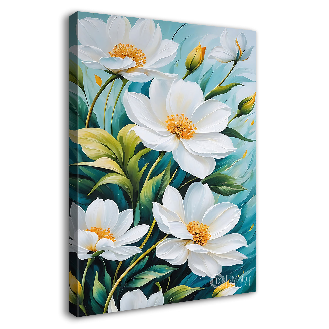 White flowers in sky blue textured painting - Flower-V-501