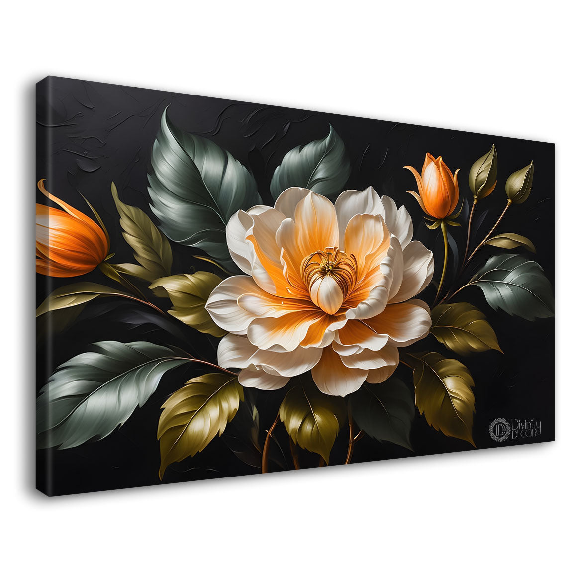 White flowers in black background canvas painting- Flower-501