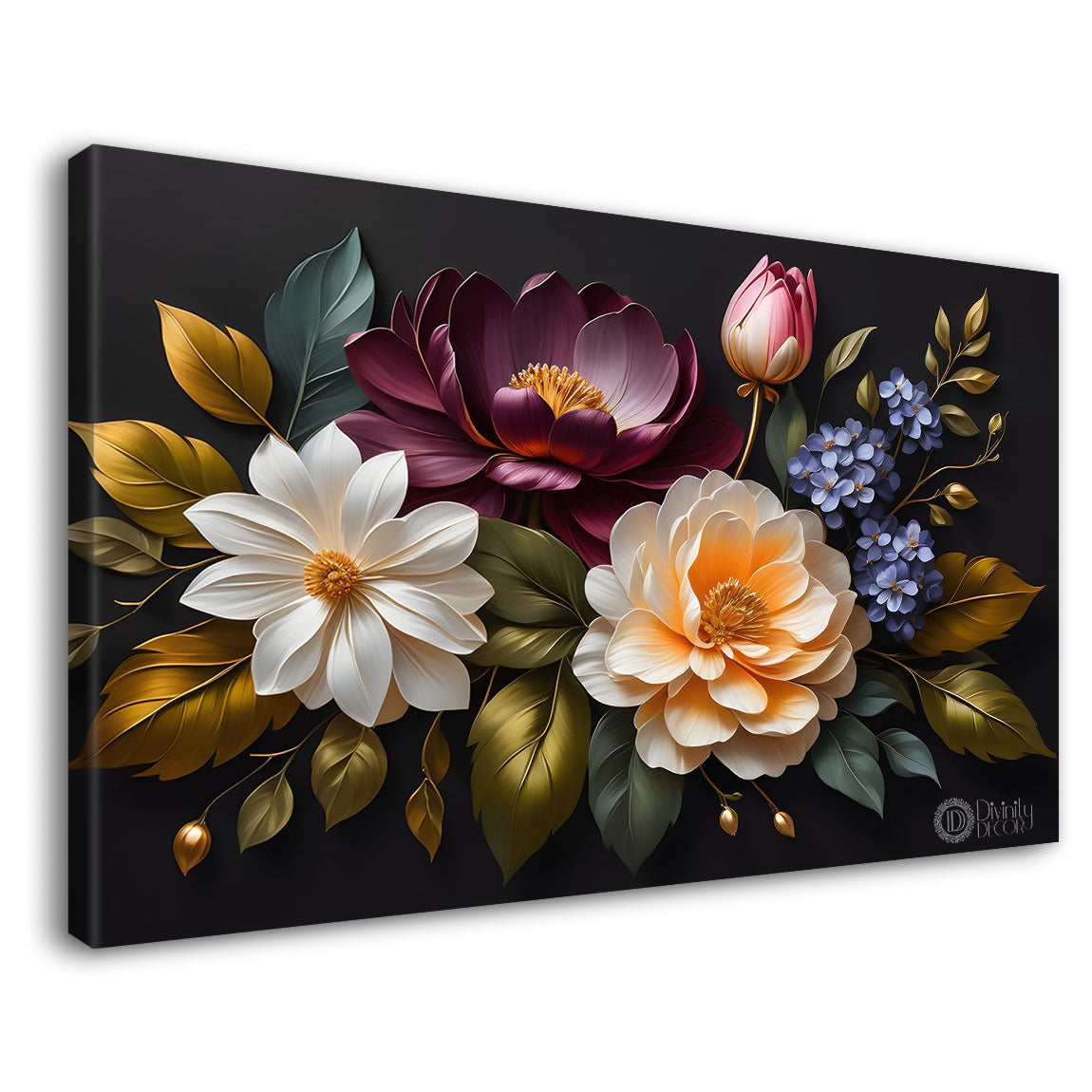 Colorful flowers in black background canvas painting- Flower-502