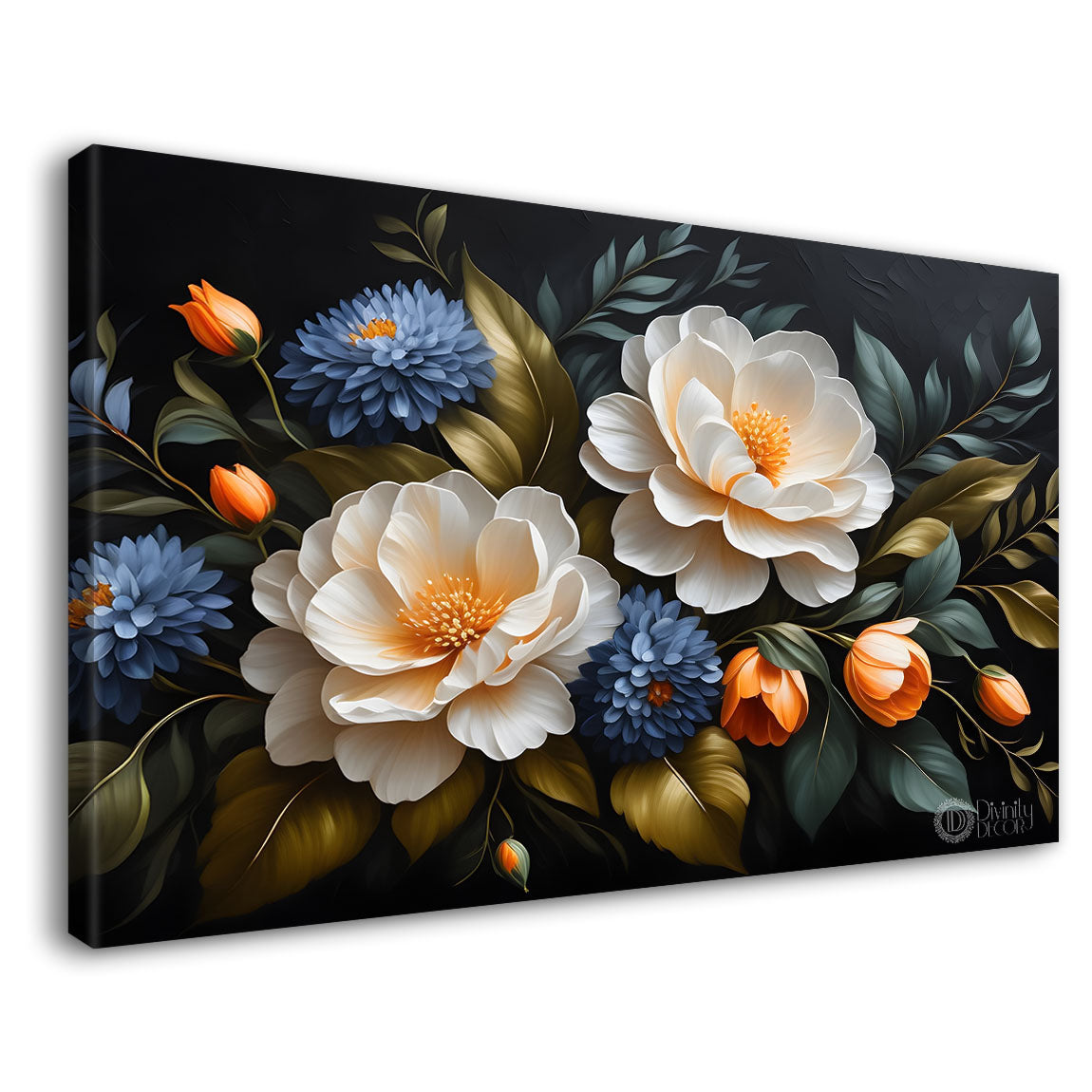 White flowers in black background canvas painting- Flower-503