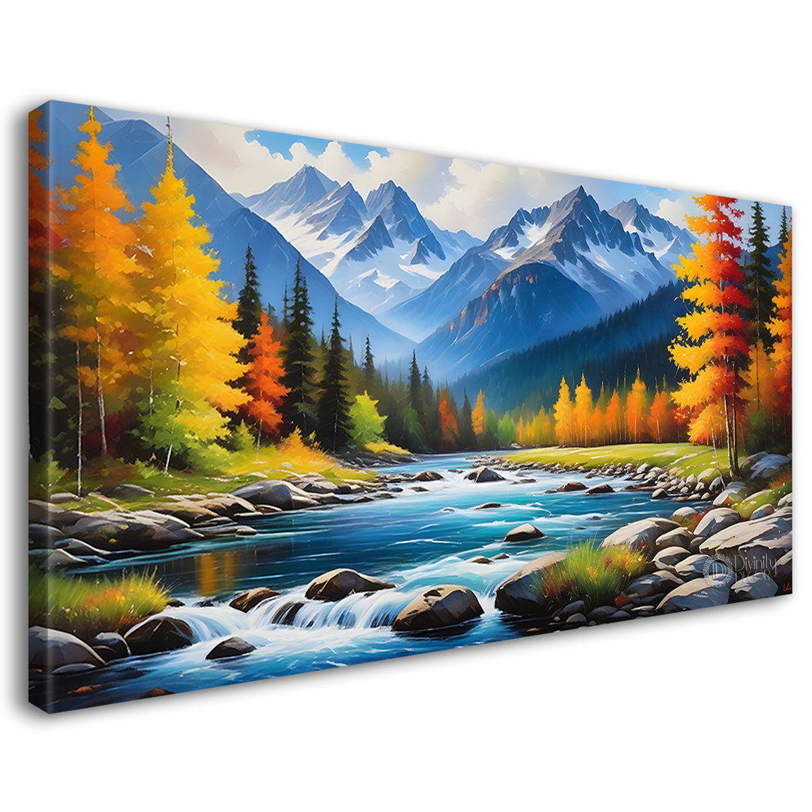 Mountains with tree and river painting Canvas Painting - Nature Art -503