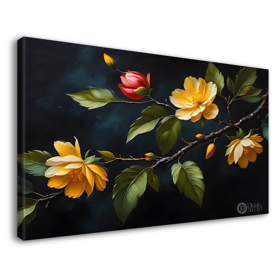 Yellow flowers in black background canvas painting- Flower-504