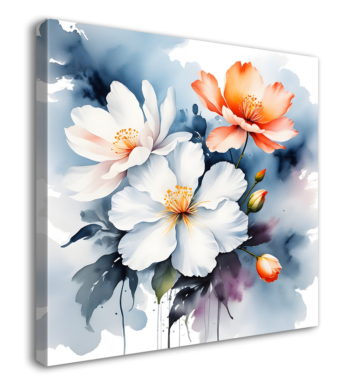 White and orange flowers in water colourful  textured painting Flower-S-505