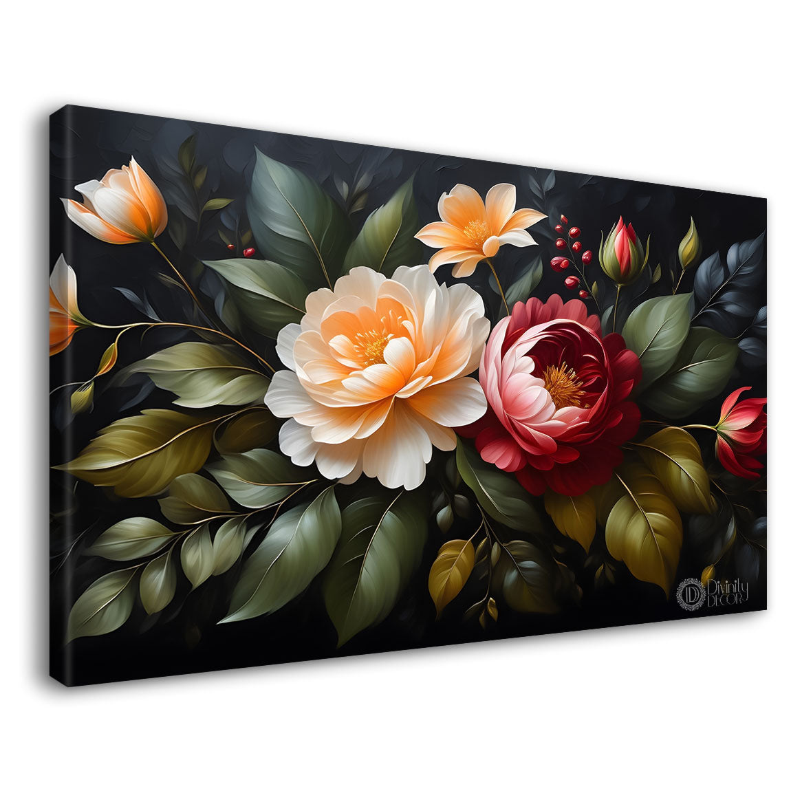 Colorful flowers in black background canvas painting- Flower-505