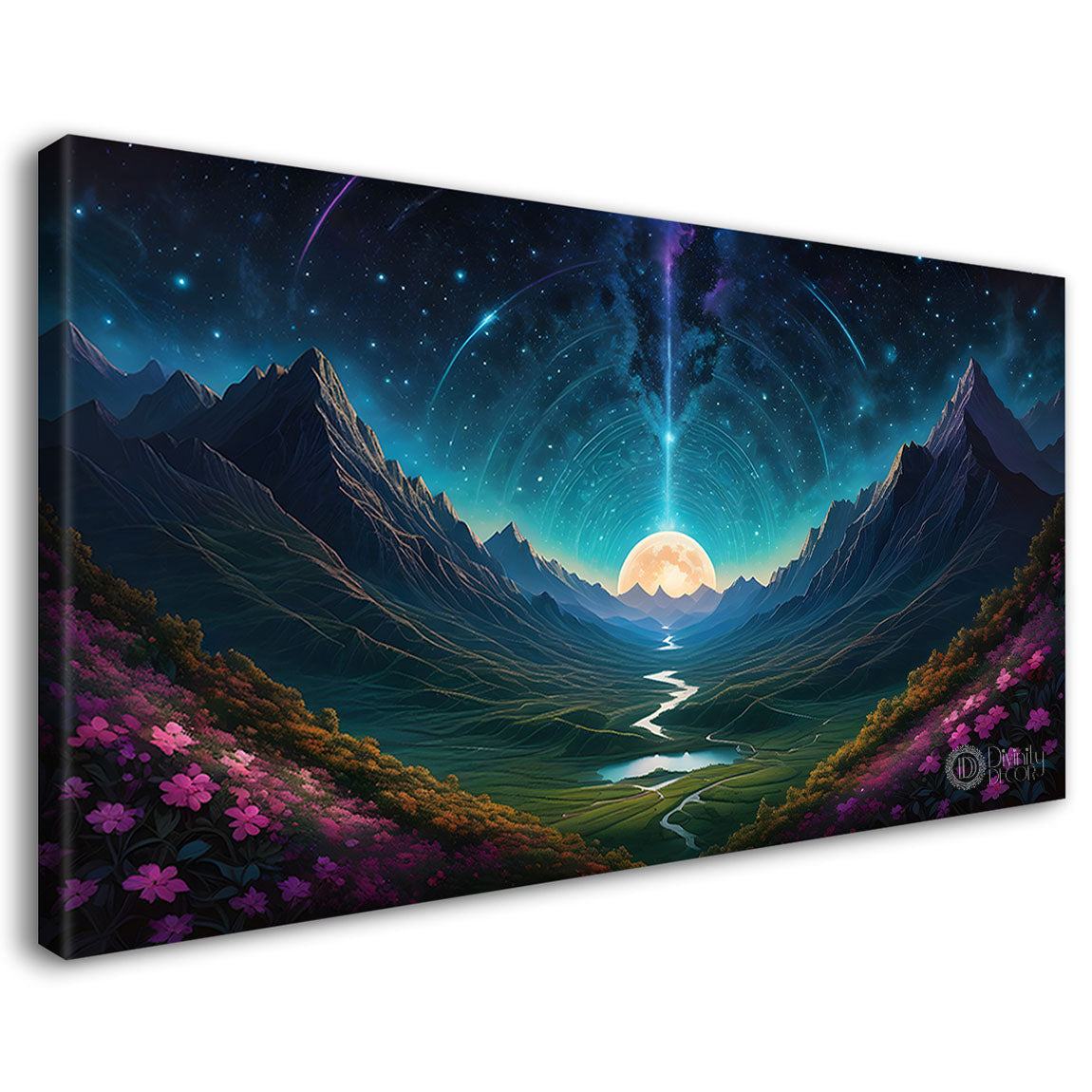 Mountains with purple flowers in night textured painting Canvas Painting - Nature Art -505