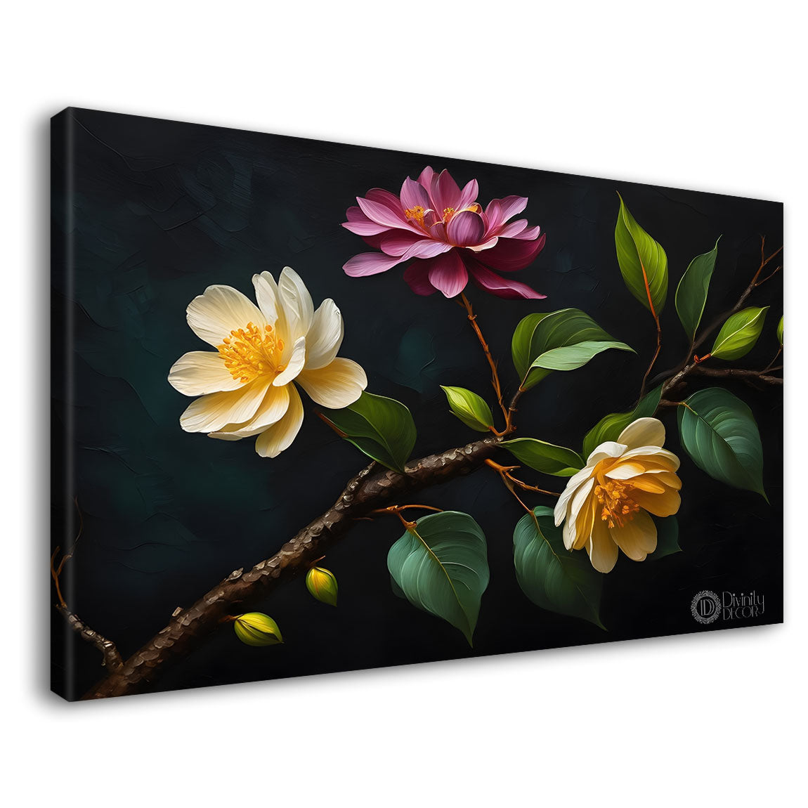 Colorful flowers in black background canvas painting- Flower-506