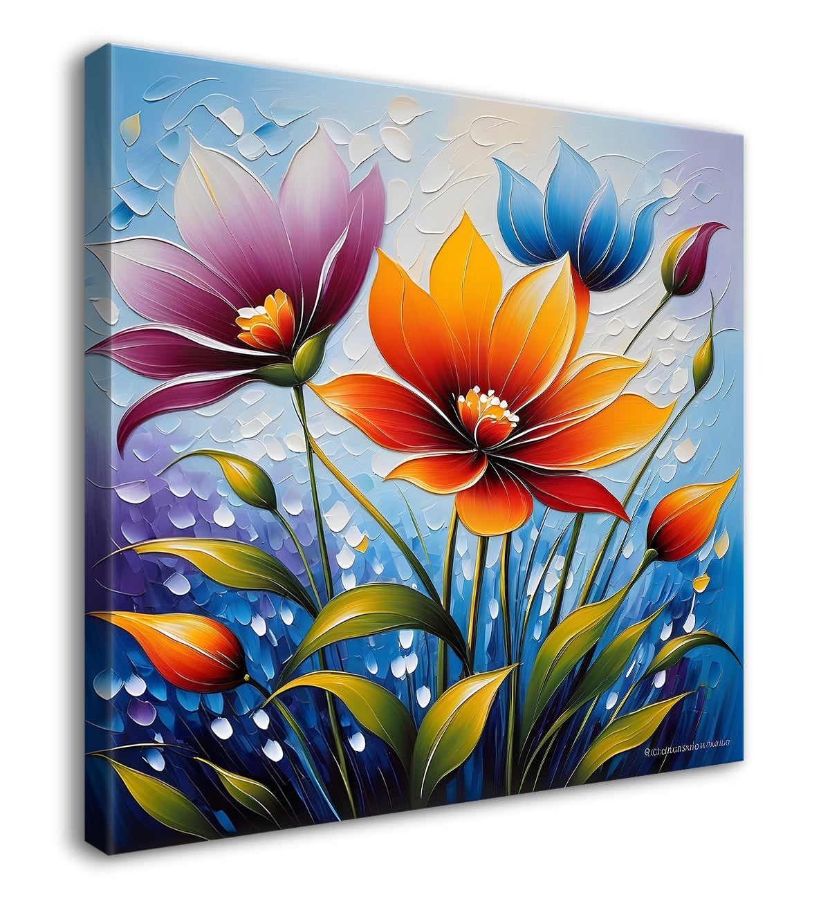 Colourful flower in blue textured painting Flower-S-506