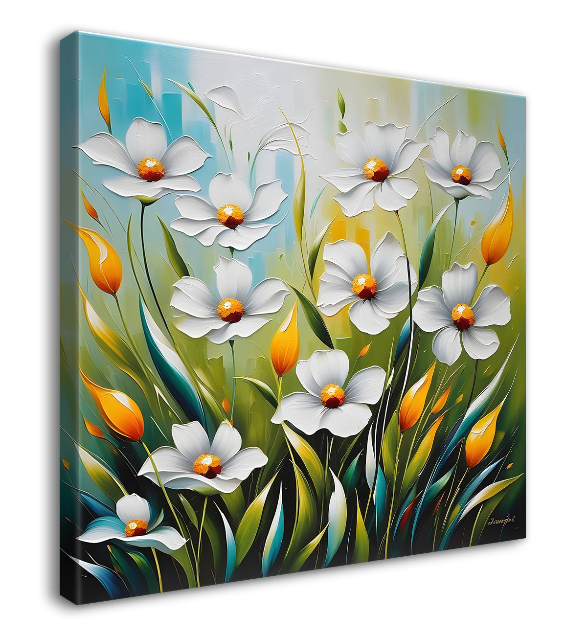 White flower in green textured painting Flower-S-507