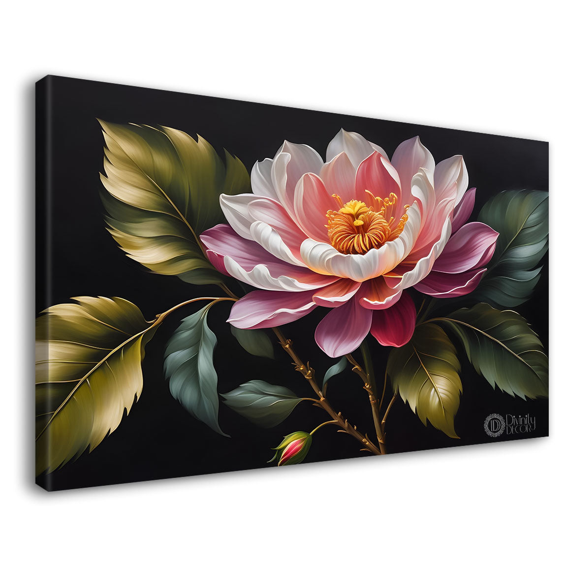 Pink flower in black background canvas painting- Flower-508