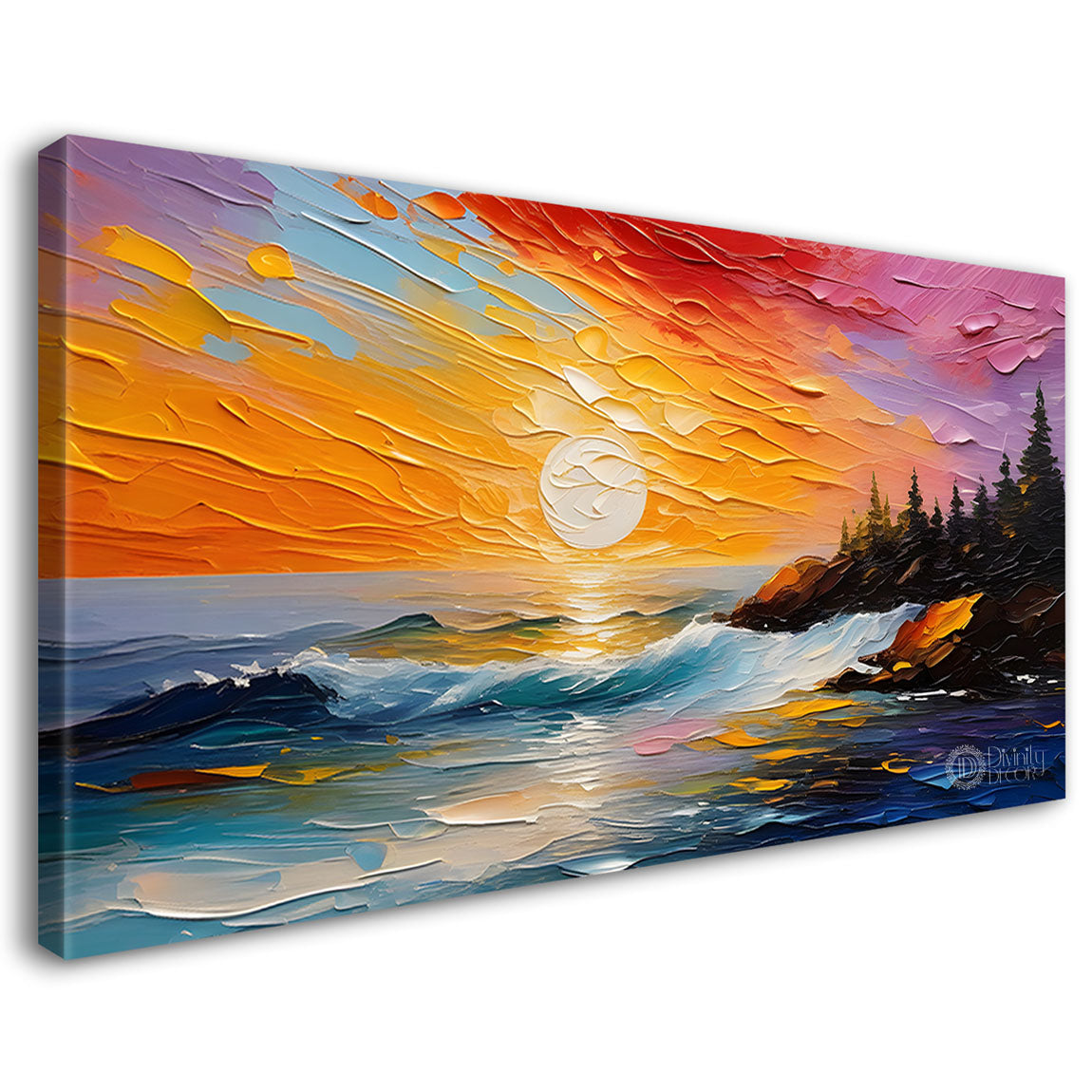 Sea with trees and sunrise painting Canvas Painting - Nature Art -508