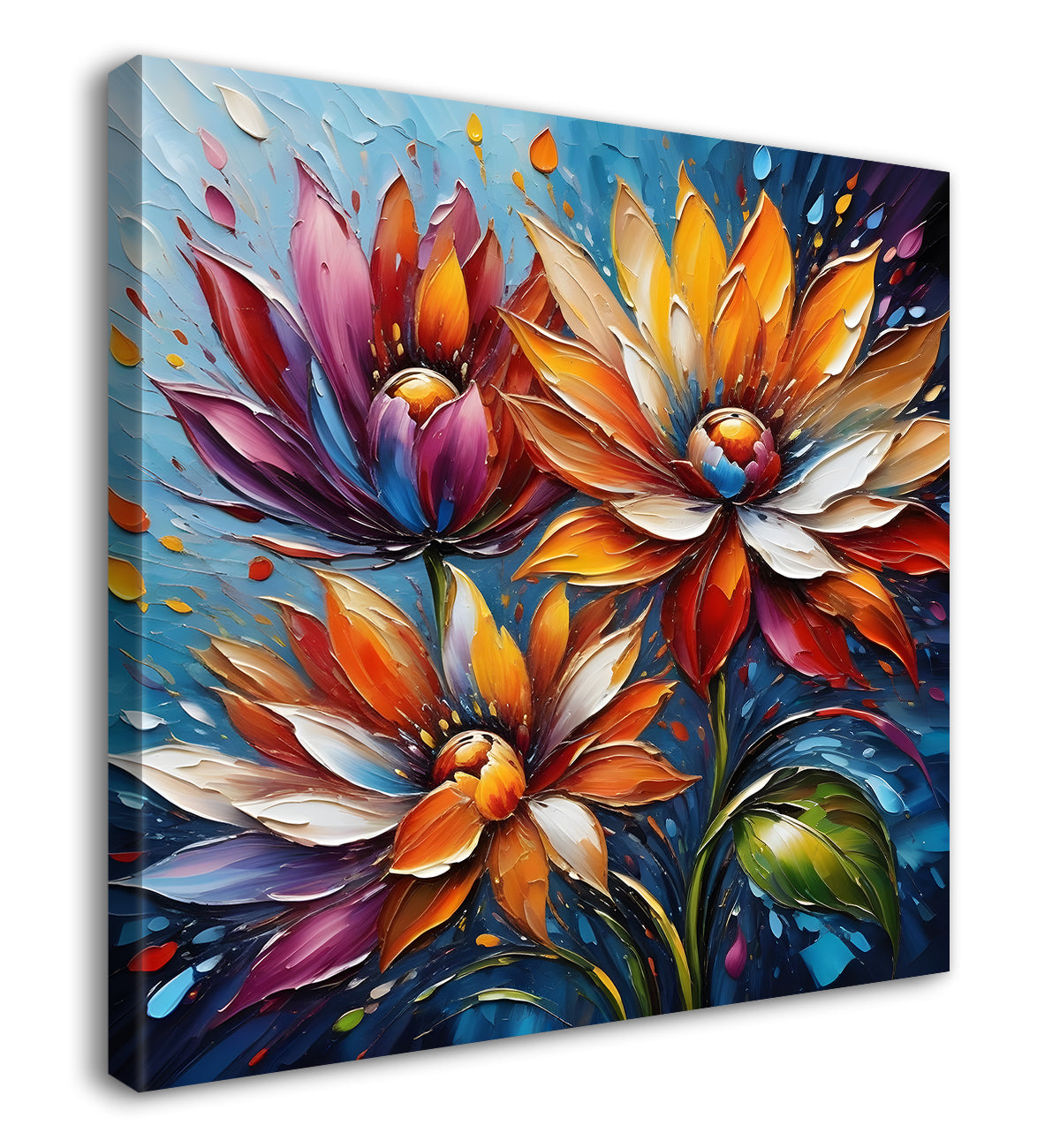 Colourful flower in blue textured painting Flower-S-508