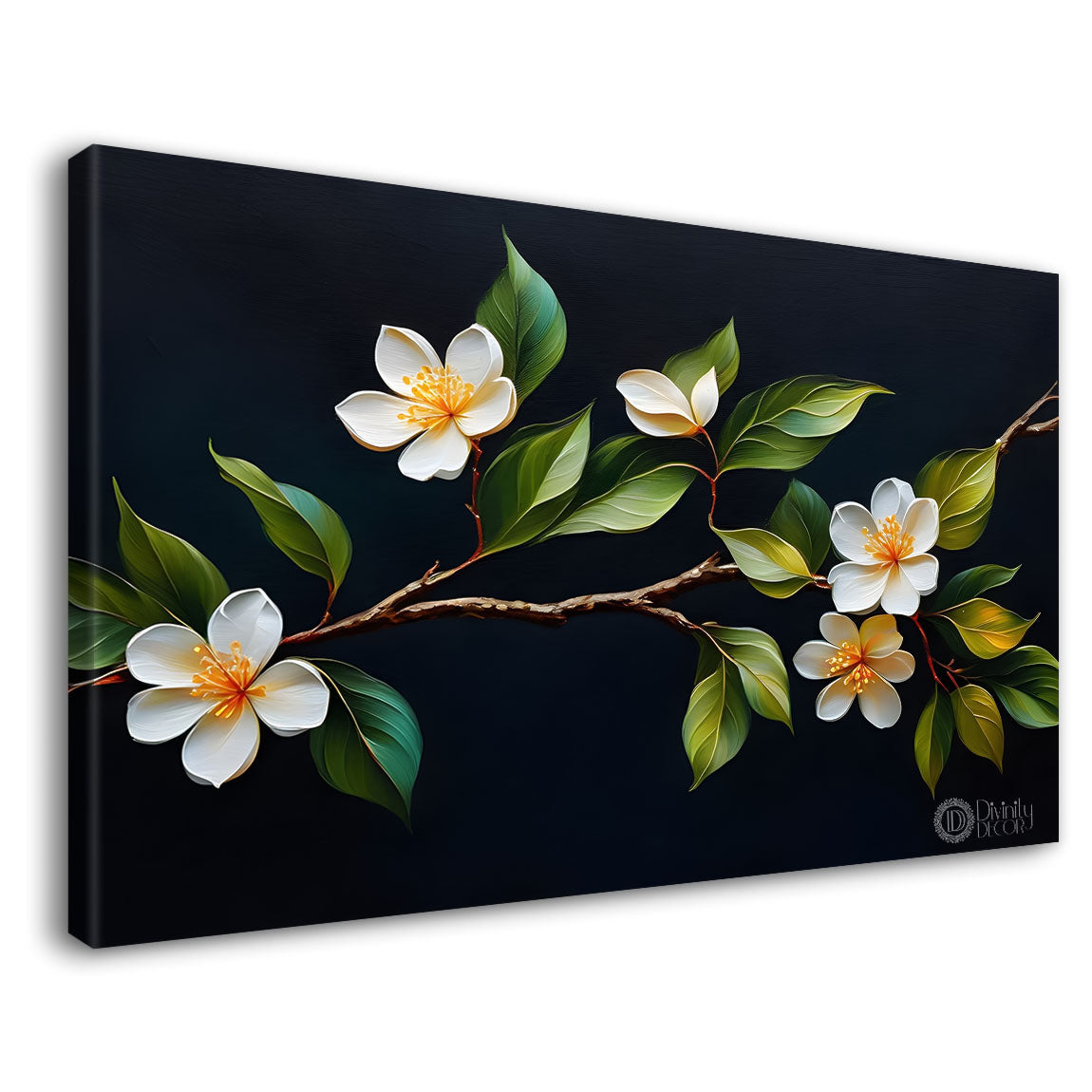 White flowers in black background canvas painting- Flower-509