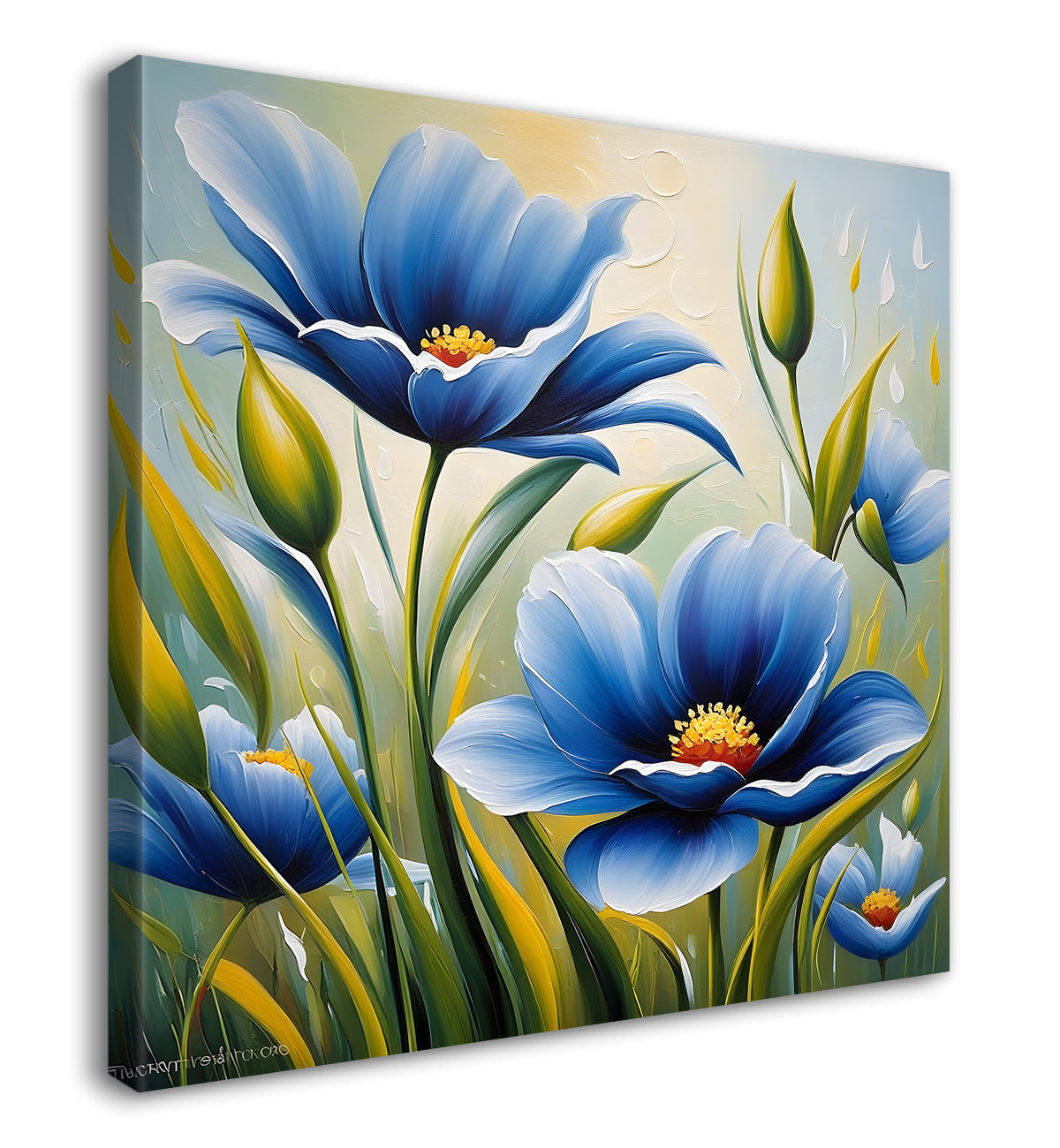 Blue flower in green textured painting Flower-S-509