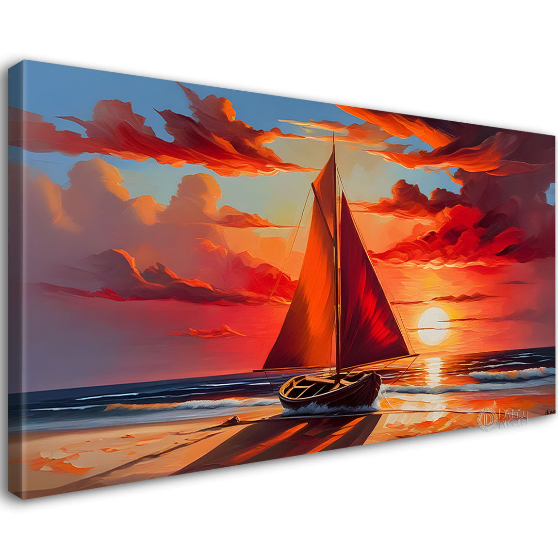 Boat on a beach with sunrise background textured modern art canvas painting - Design - River-50