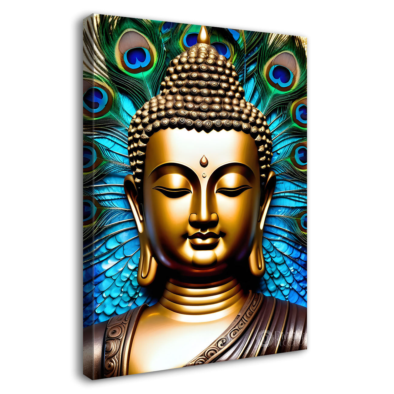 Golden buddha face with peacock feathers background textured painting - Buddha-V-50