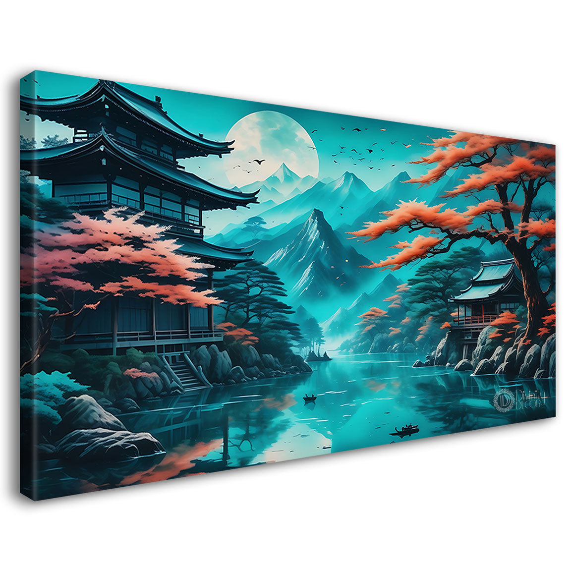 Orange trees with lake in aqua green textured painting Canvas Painting - Nature Art -50