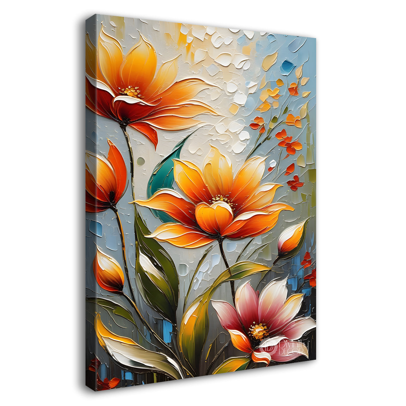 Orange flowers in blue textured background painting - Flower-V-50