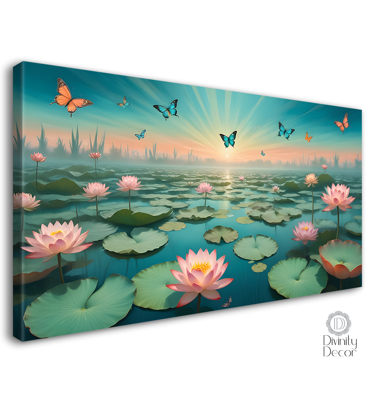 Blooming lotus in pond with butterflies textured art. - Design - Animal - 50