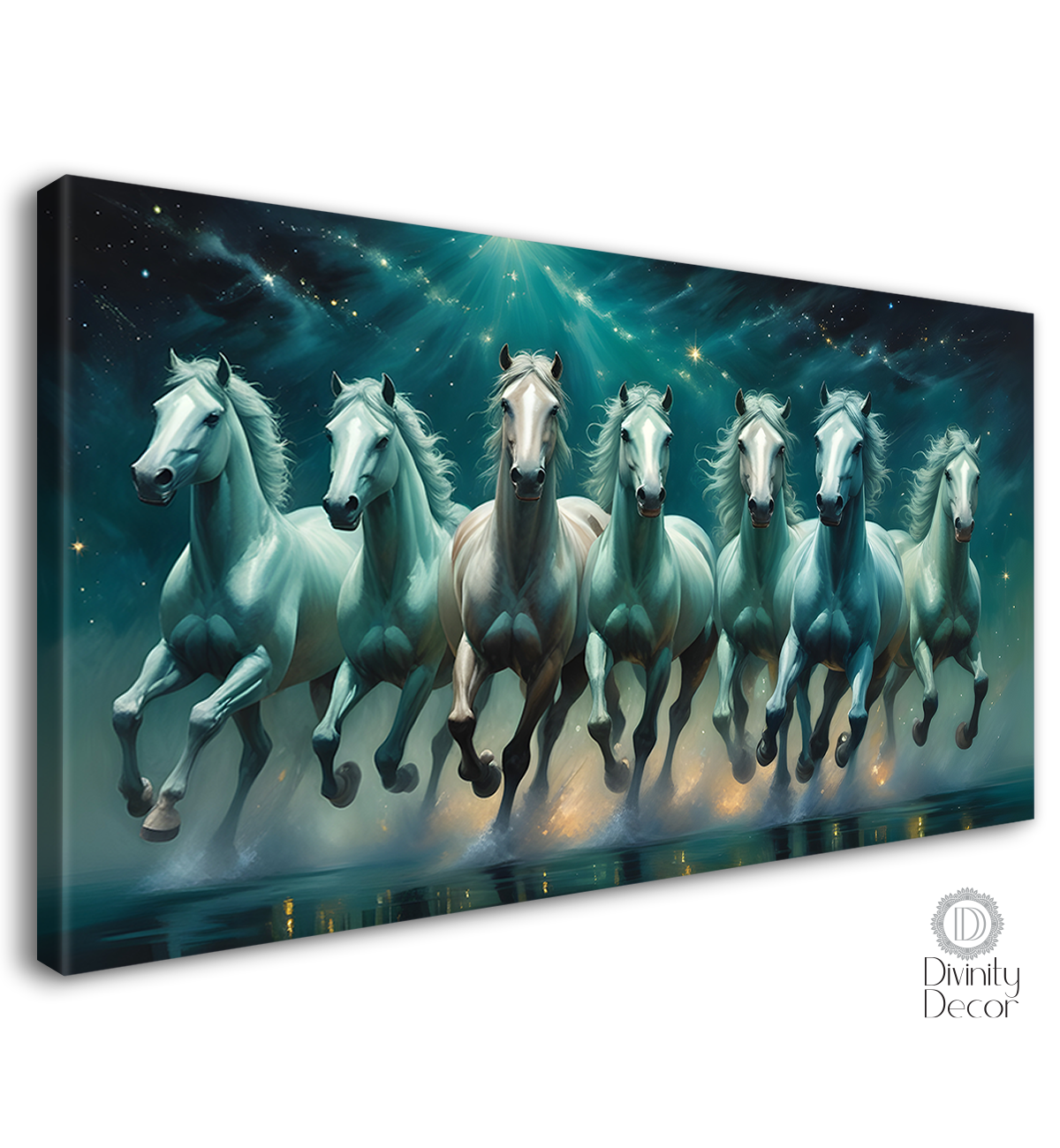 White and blue running horses in galaxy and green textured background art Canvas Painting - Design - Horse-51