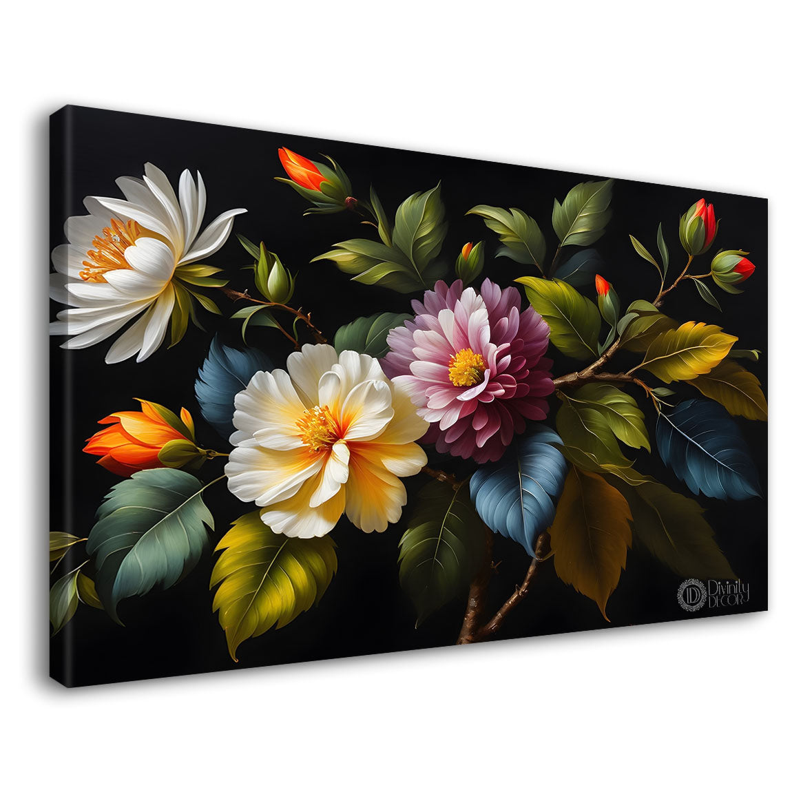 Colorful flowers in black background canvas painting- Flower-510