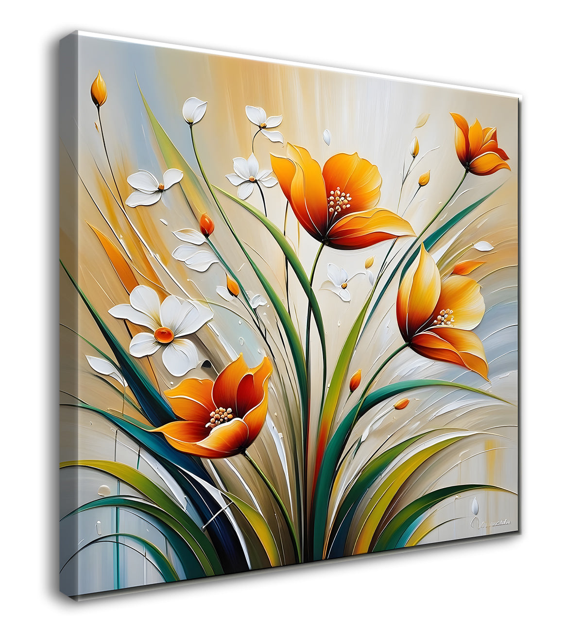 Orange flower in grey textured painting Flower-S-511