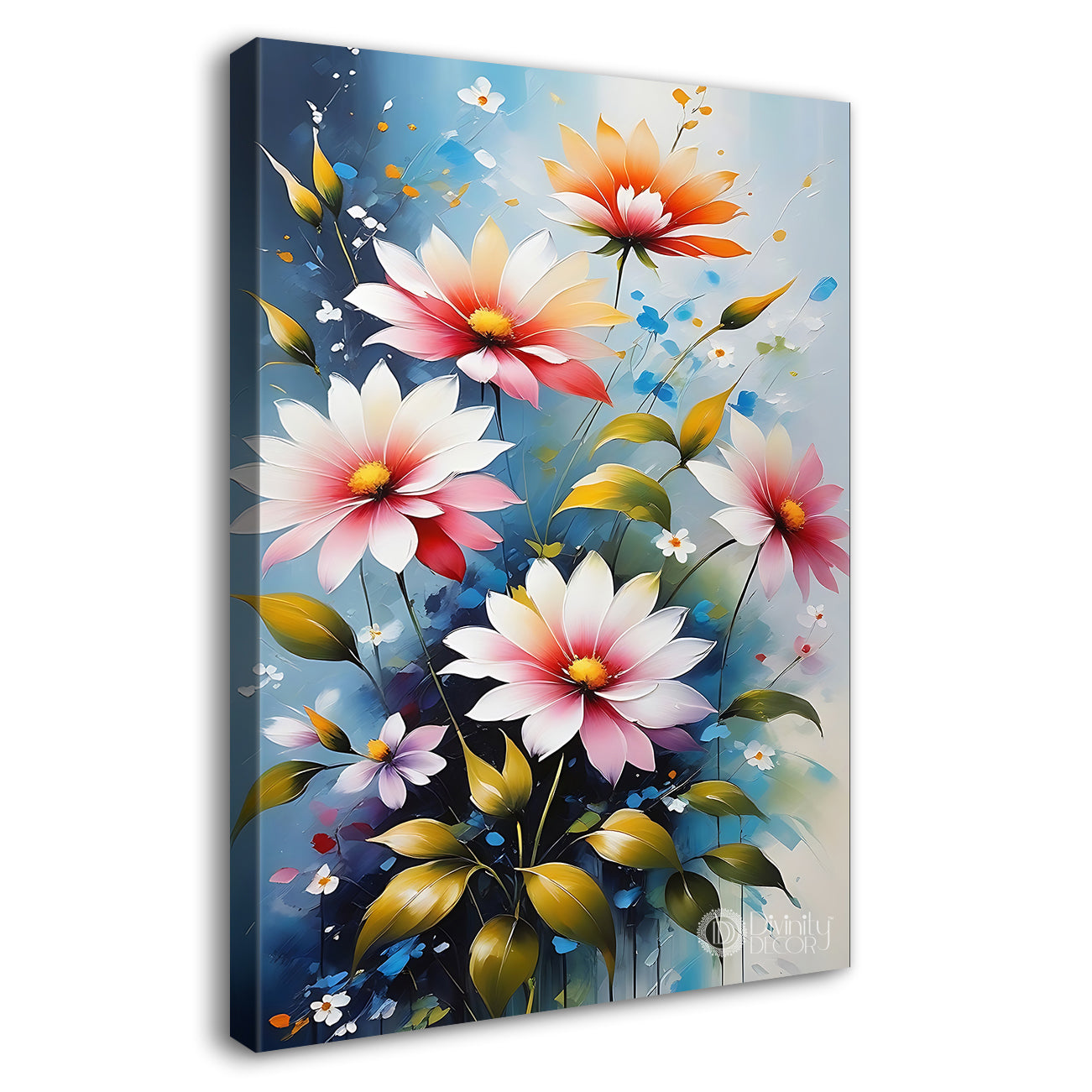 Pink flowers in sky blue textured background painting - Flower-V-511