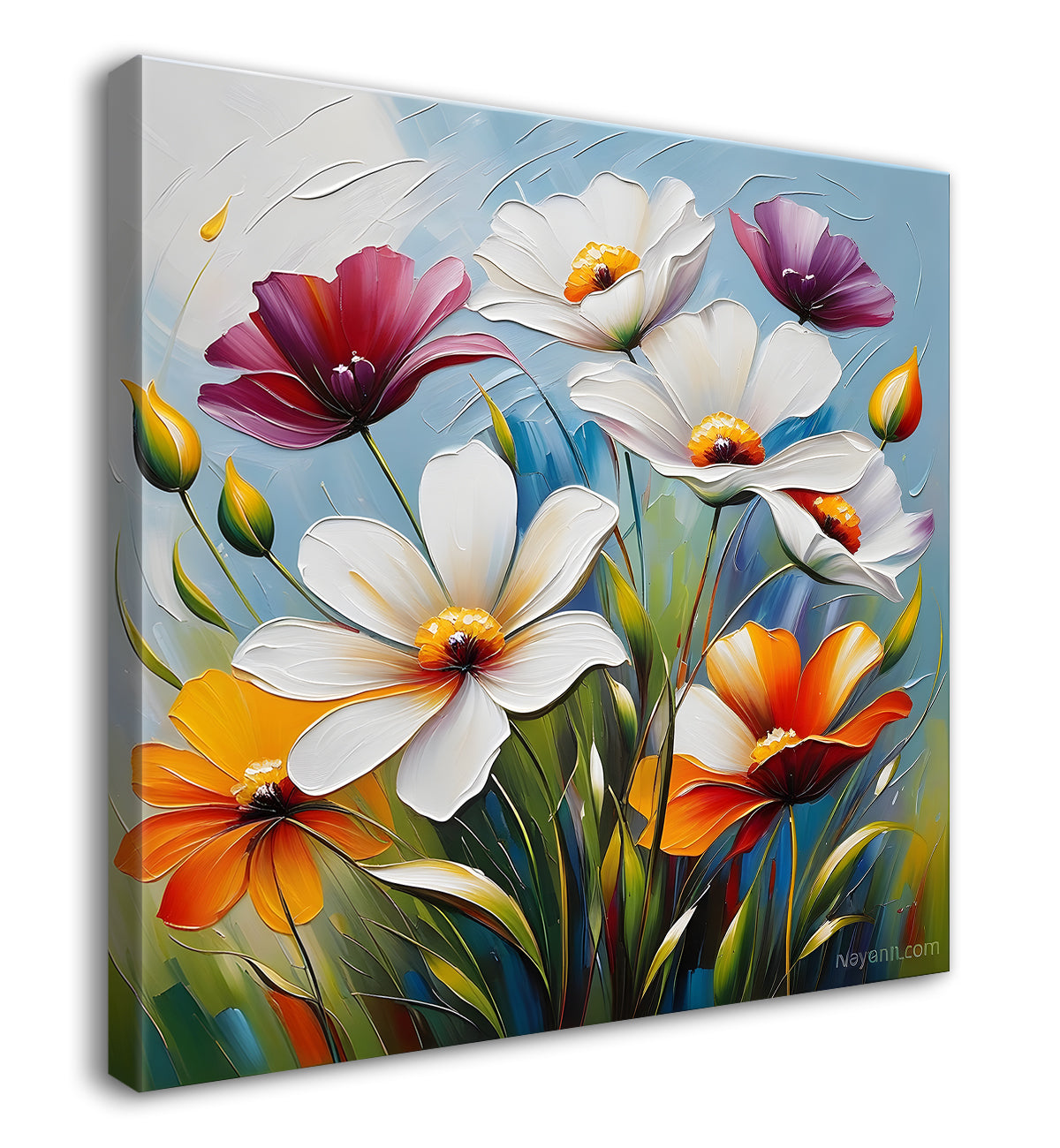 Colourful flower in blue textured painting Flower-S-513