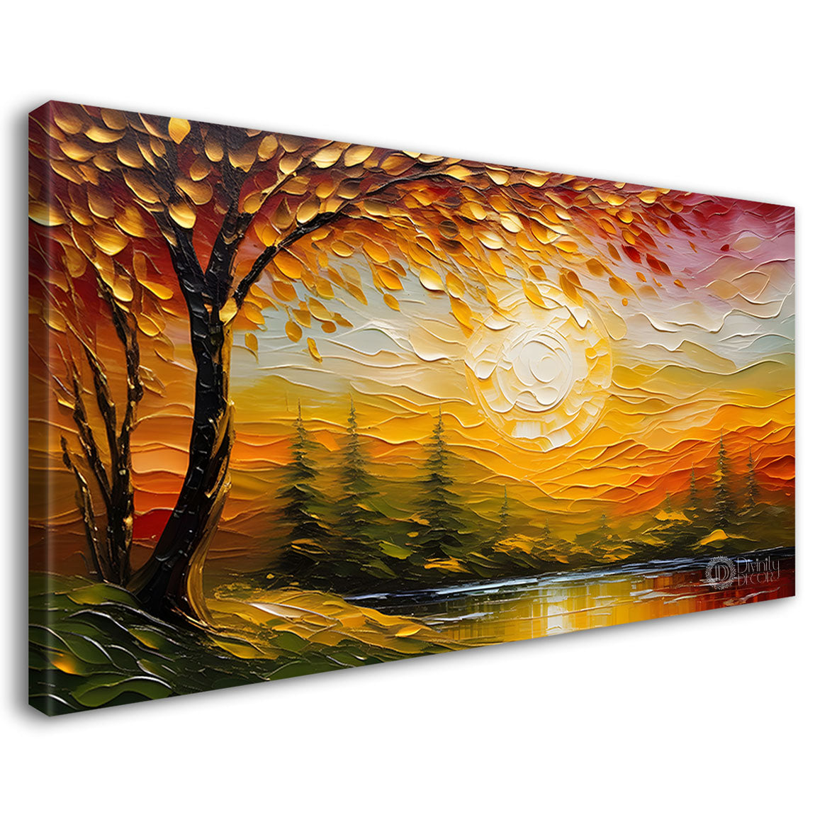 Colorful trees with sun painting Canvas Painting - Nature Art -513