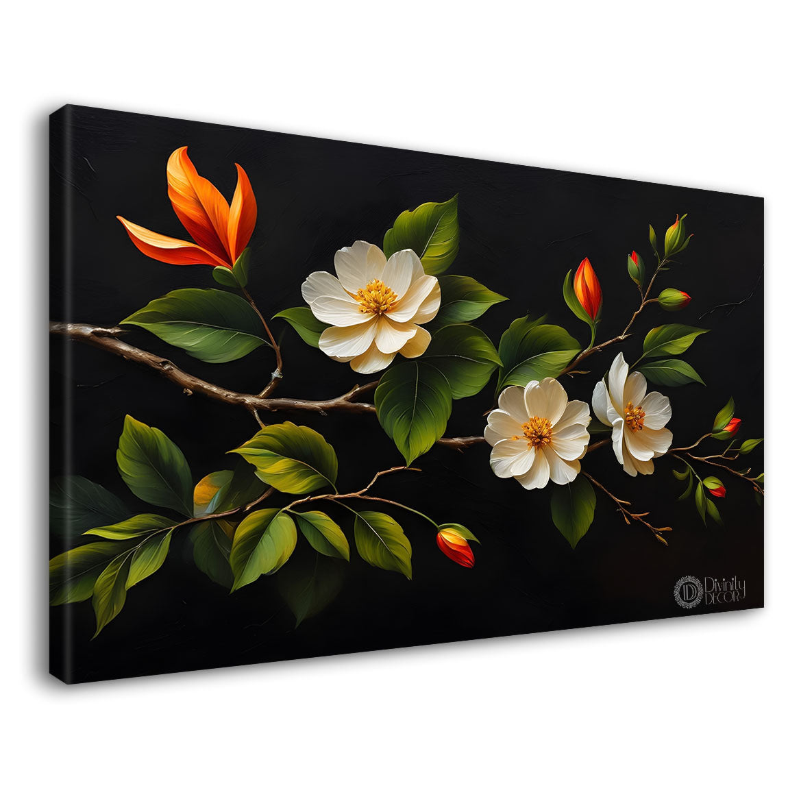 White flowers in black background canvas painting- Flower-514