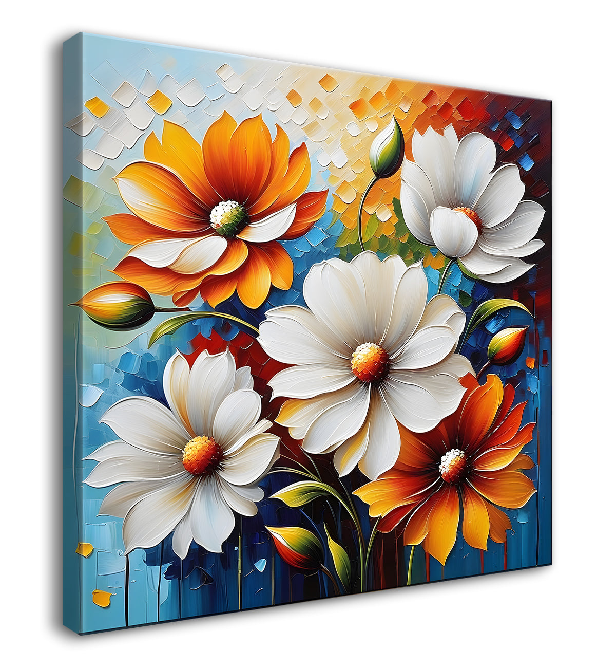 Colourful flower in blue textured painting Flower-S-514