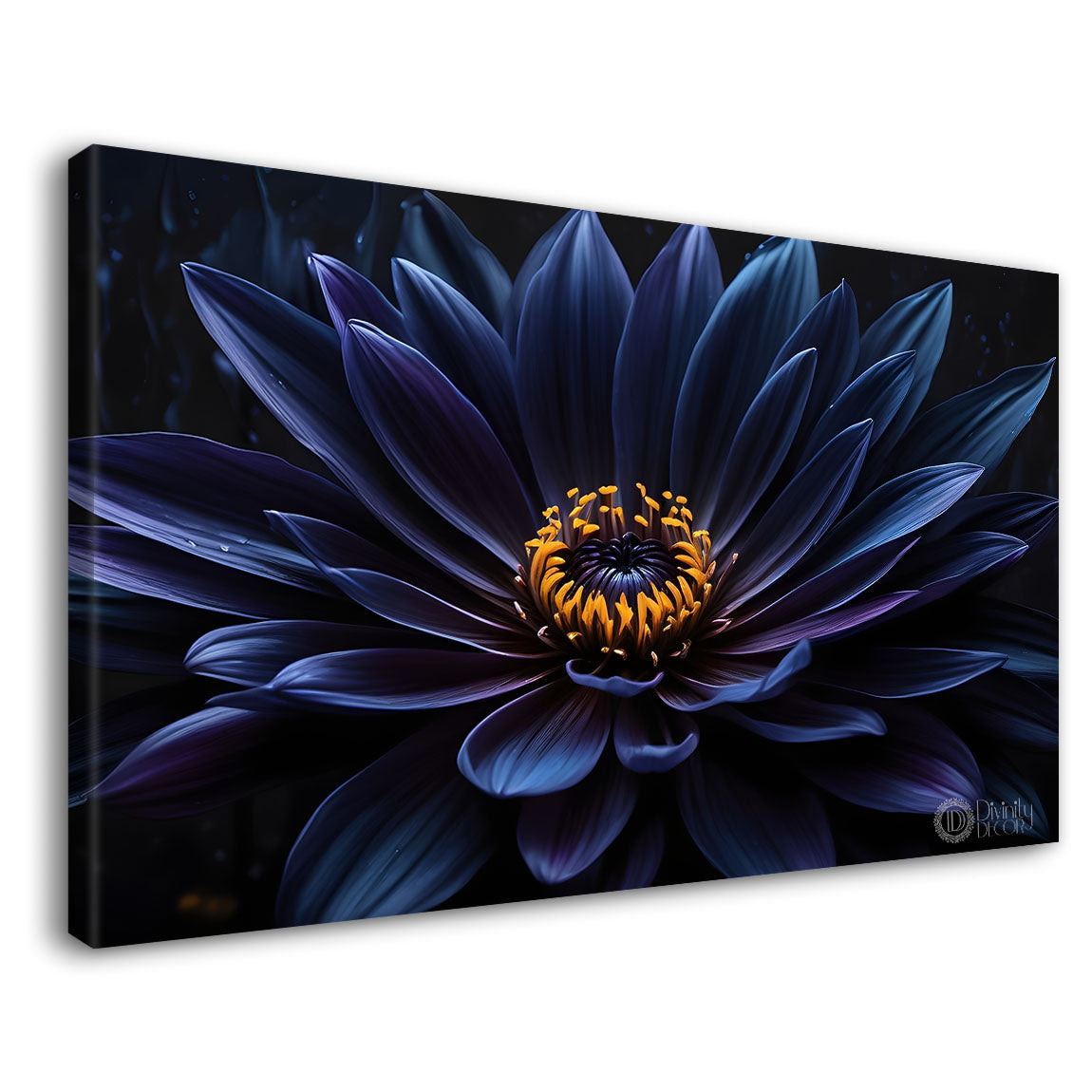 Navy blue flowers in black background canvas painting- Flower-515
