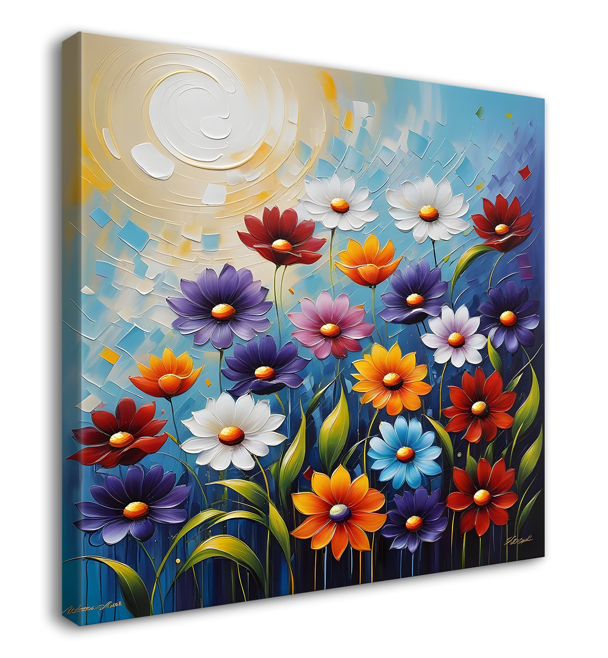 Colourful flower in blue textured painting Flower-S-515