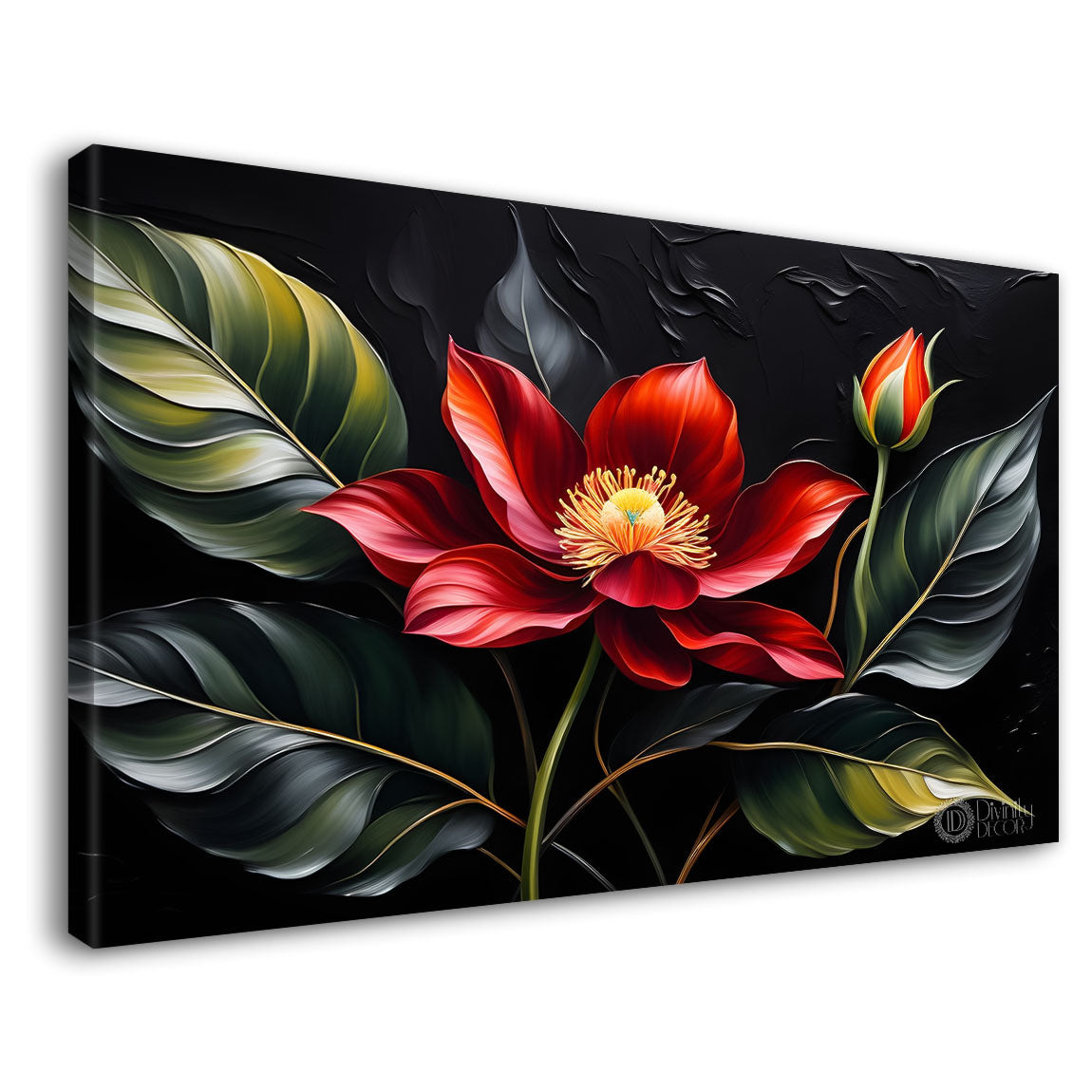 Red flower in black background canvas painting- Flower-516
