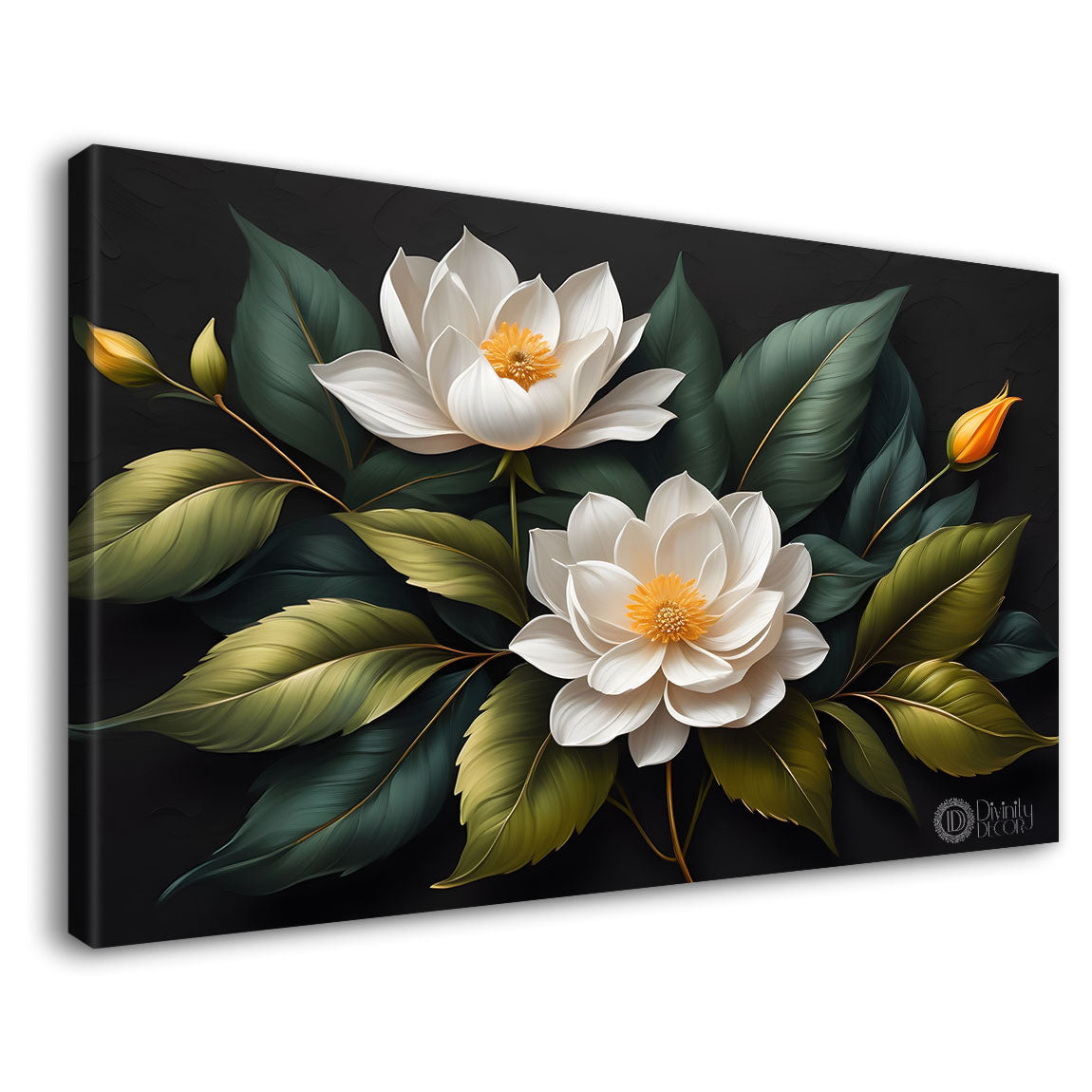 White flowers in black background canvas painting- Flower-517