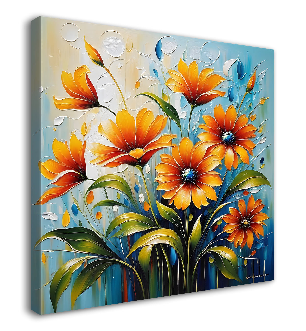 Orange flower in blue textured painting Flower-S-517
