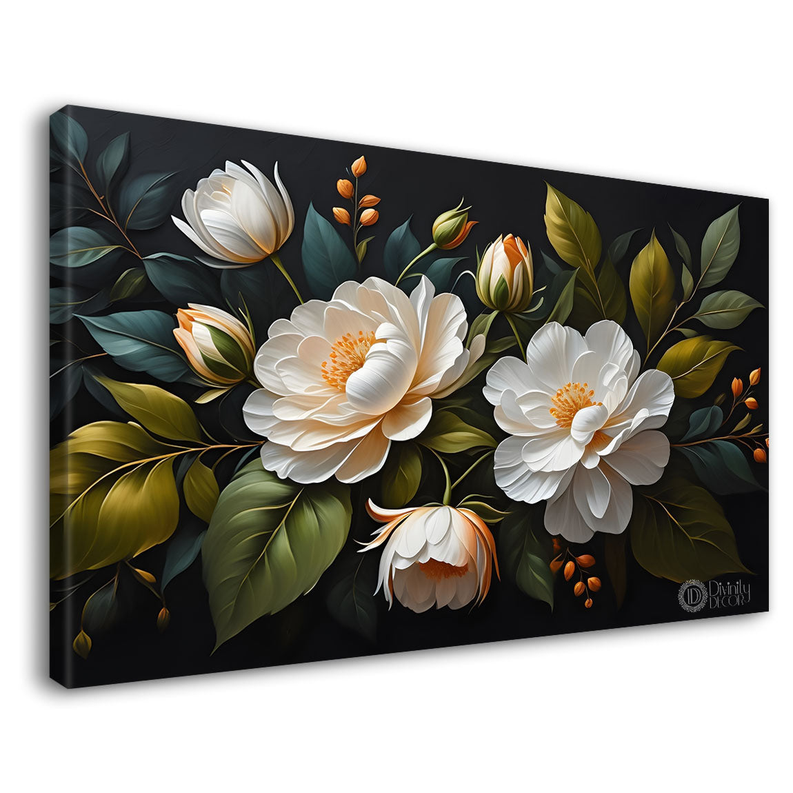 White flowers in black background canvas painting- Flower-518