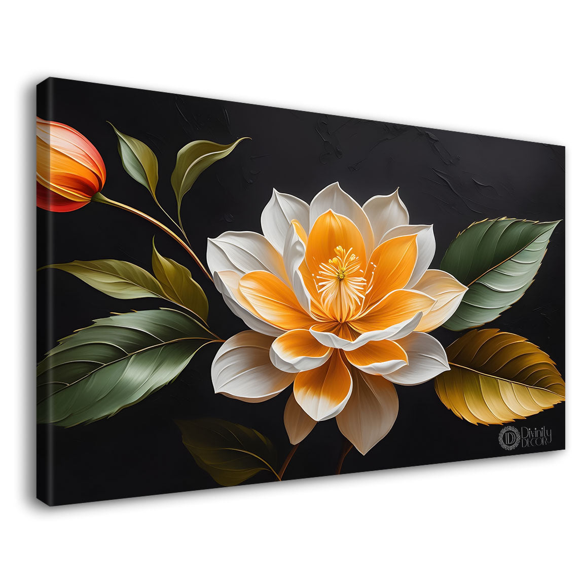 White flower in black background canvas painting- Flower-519