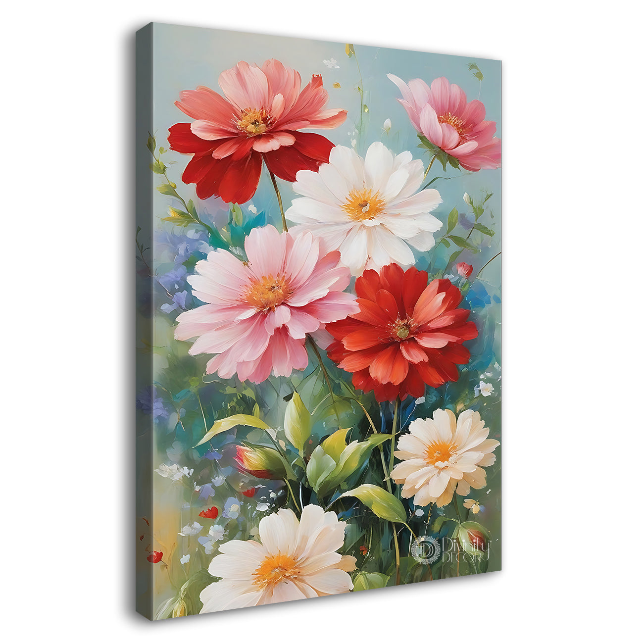 Pink flowers in grey textured painting- Flower-V-519