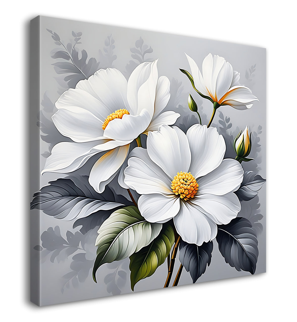 White flower in grey textured  painting Flower-S-519