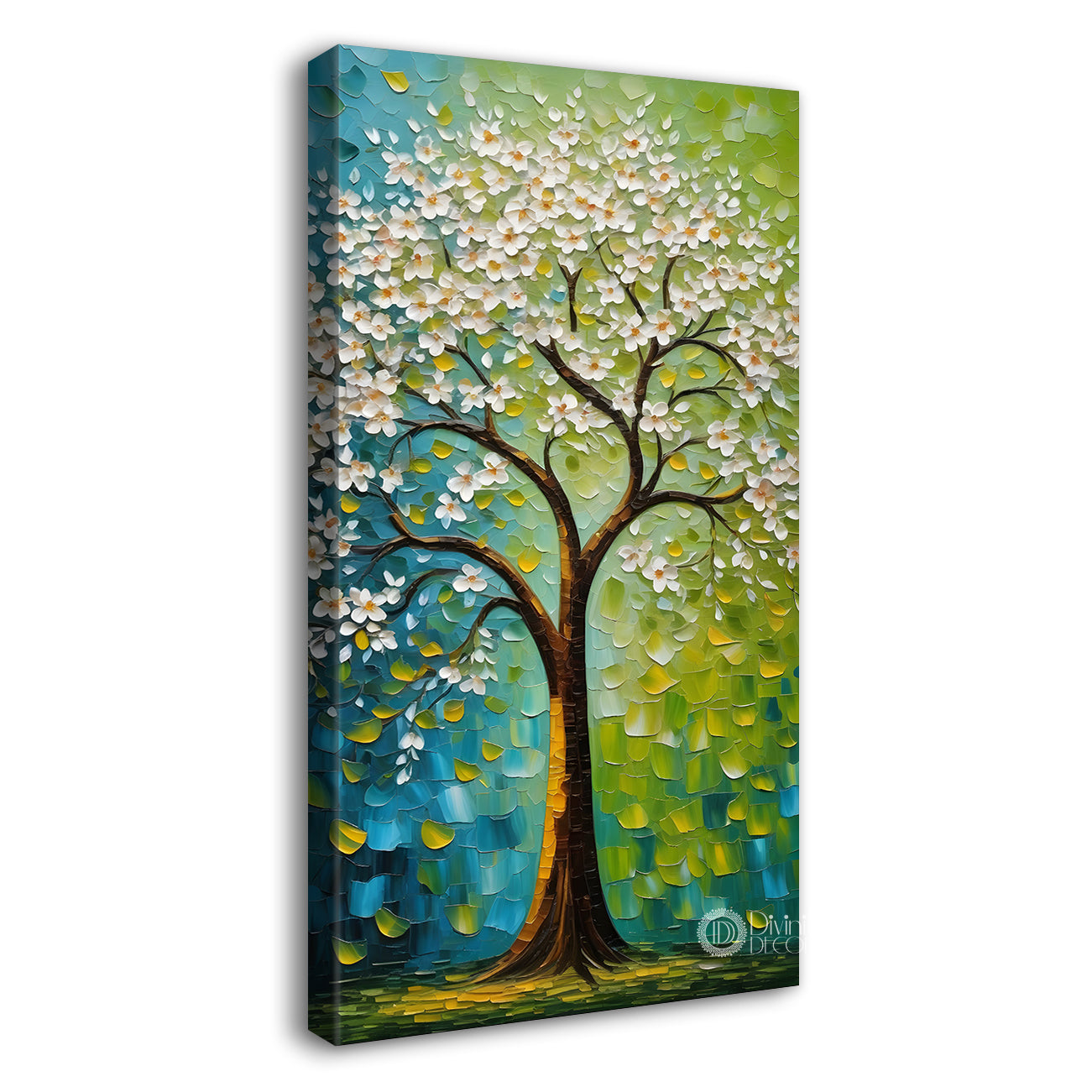 White flowers tree in textured oil painting Canvas painting - Tree-V-51