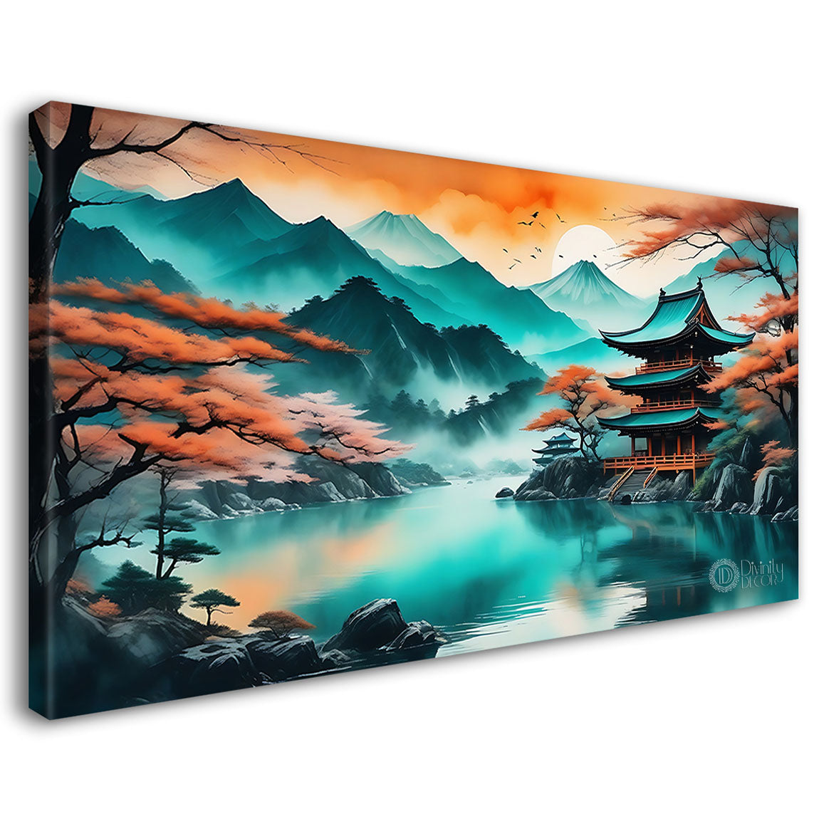 Mountains with Japanese house and lake in aqua textured painting Canvas Painting - Nature Art -51