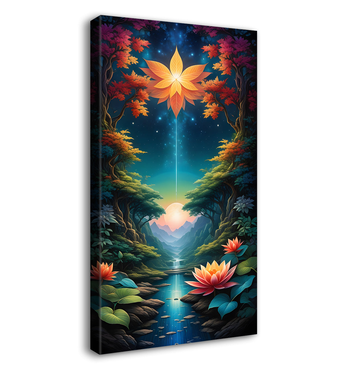 Trees with colourful flowers and lake in night background textured painting Canvas Painting - Nature Art -V-51