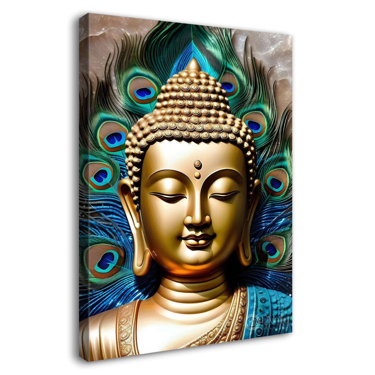 Golden buddha face with peacock feathers background textured painting - Buddha-V-51