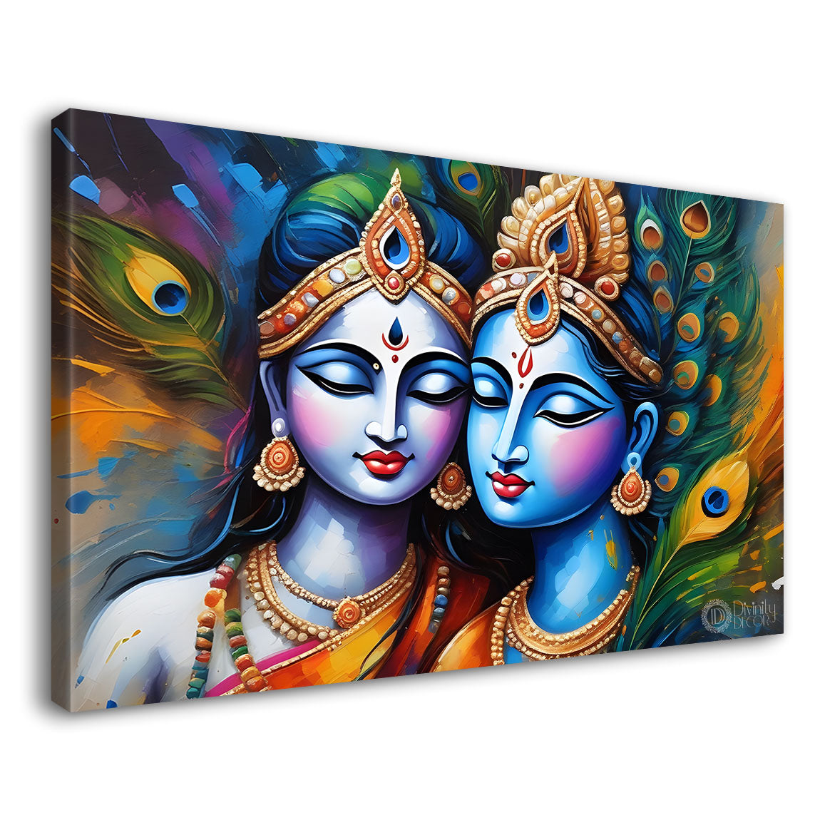 Blue face Krishna and Radha with peacock feathers painting Canvas Painting - Design - Krishna-51