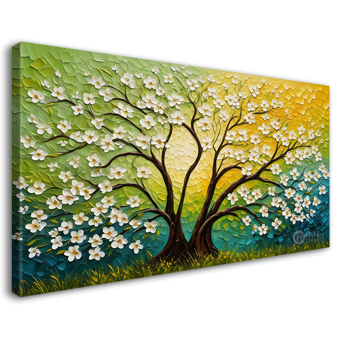White flower tree in textured background oil painting Canvas Painting - Design - Tree-51