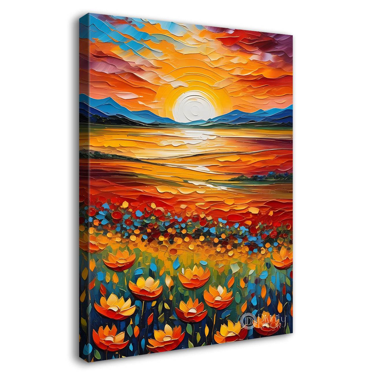 Orange flowers with sunrise textured painting - Flower-V-51