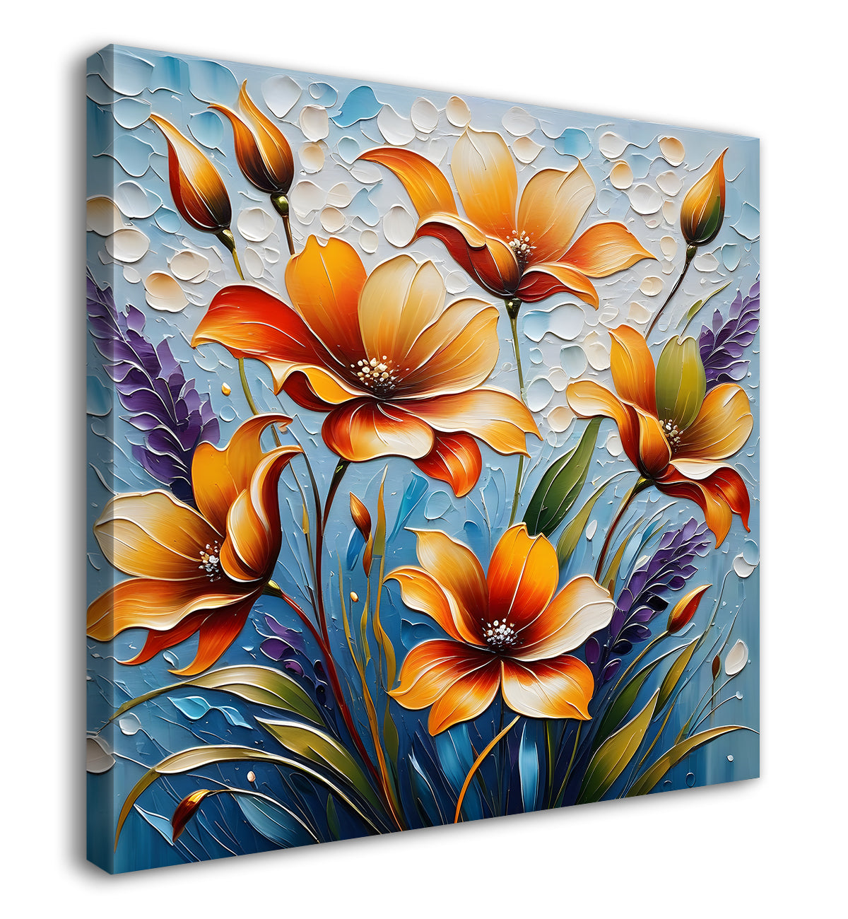Orange flowers in blue background textured painting  - Flower-S-51