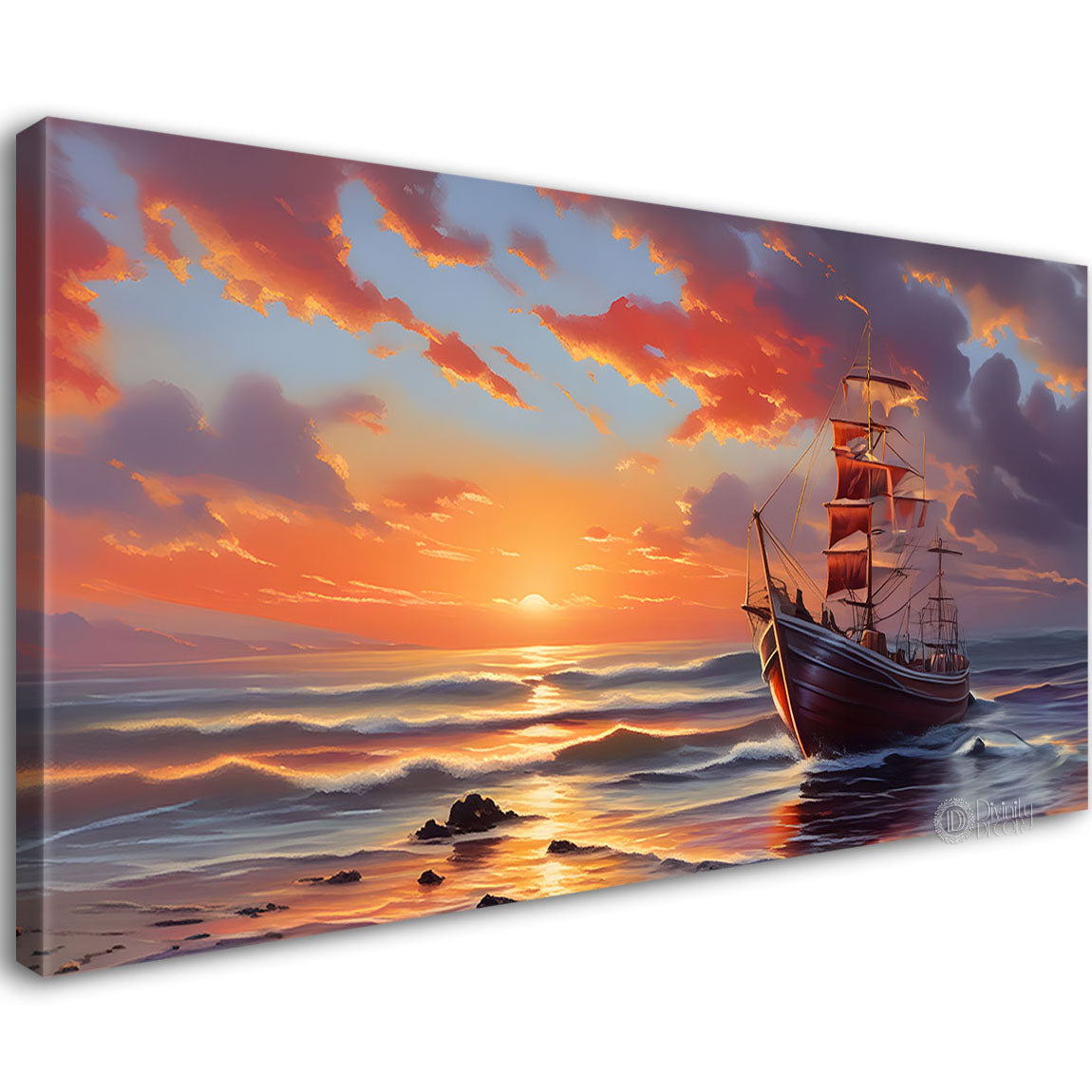 Ship in the sea with sunrise background textured modern art canvas painting - Design - River-51