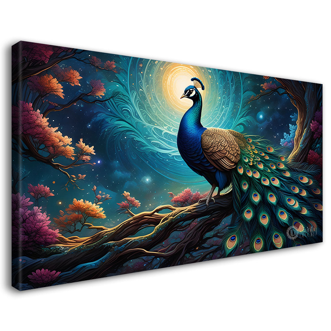 Peacock on the branch with blue background modern art Canvas Painting - Design - Peacock-52